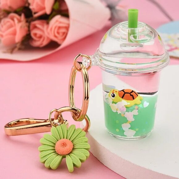 Green Turtle Kawaii Keychains Cute Moving Liquid Keychain Drink Milk Tea Cups - Picture 3 of 7